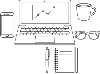 Business desk setup with laptop phone notebook pen glasses and coffee mug isolated on white background