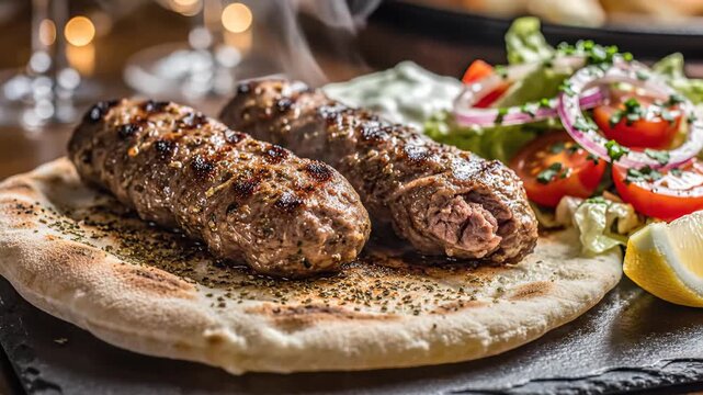Close-Up of Grilled Lamb Kofta Kebabs on Flatbread