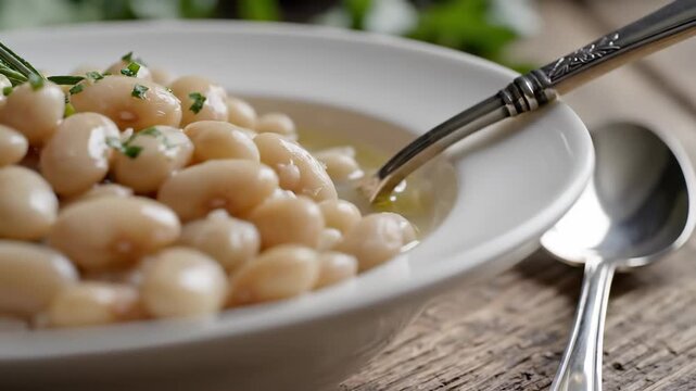 Macro Shot of Cooked Cannellini Beans in White Bowl