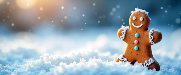 Festive gingerbread cookie with colorful buttons and icing standing in snow for holiday and Christmas joy