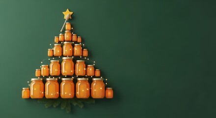 honey in jars arranged in the shape of a Christmas tree. Elegant Christmas composition in gold and green tones with space for text. Great for posters and product labels.
