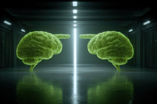 Dual neural networks pointing towards a luminous convergence highlighting cognitive synchronization in a futuristic digital space illustrating brainwave connectivity