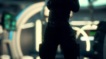 A shadowy figure is positioned in a high tech control room, surrounded by glowing screens and advanced technology, creating an atmosphere of intrigue and secrecy.