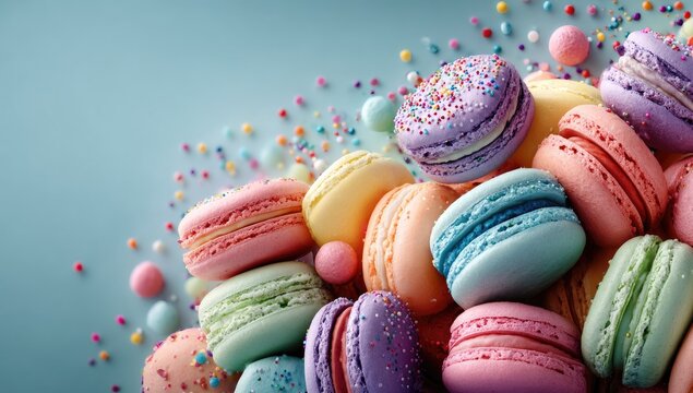 Stacked pastel macarons w/ colorful sprinkles on blue
