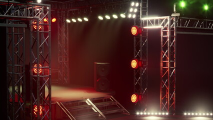 Obraz premium A vibrant stage is prepared for an exciting performance, featuring bright lights and sound equipment. The anticipation fills the air as the event begins to unfold in the lively atmosphere.