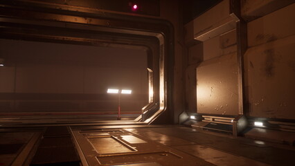 Inside a sleek corridor of a modern facility, soft lights illuminate metallic surfaces. Shadows create an atmosphere of mystery as dusk sets in, evoking curiosity and exploration.