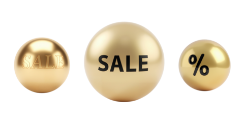 Golden balls with SALE and percent signs, 3D realistic style, insulator