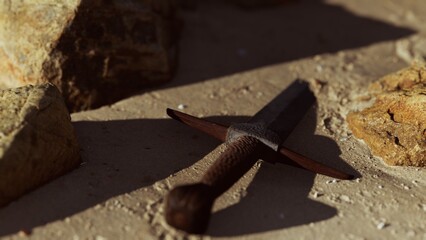 A rustic sword lies on the ground surrounded by rugged stones, bathed in golden sunlight. The scene suggests a forgotten battlefield, evoking a sense of history and adventure.