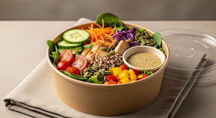 Fresh and healthy salad bowl with various vegetables and dressing.