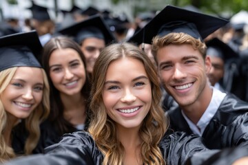 Graduation celebration with friends at a university campus in spring