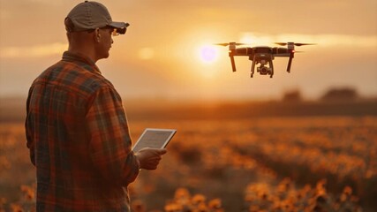 A man stands in a field, controlling a drone with a tablet as the sun sets on the horizon. The scene captures a moment of technology and nature in harmony during evening hours - Powered by Adobe