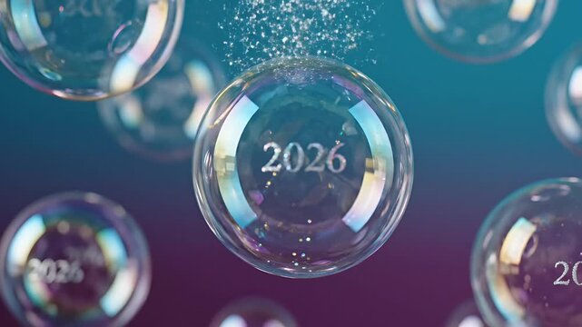 Vibrant soap bubbles featuring the year 2026 floating against a clean gradient background an abstract and modern representation of new year celebrations future 