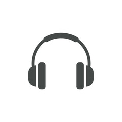 Vector illustration of headphones in dark grey, symbolizing music, audio, technology, podcasting, and customer service support.