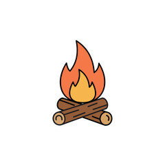 Vector illustration of a bright campfire on stacked logs, symbolizing camping, warmth, nature, adventure, and outdoor recreation.