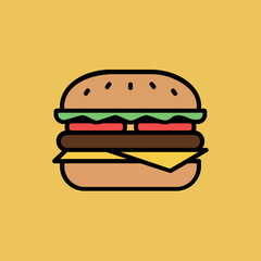 Vector illustration of a classic cheeseburger with all the toppings, symbolizing fast food, lunch, restaurant menu, and delicious meal.