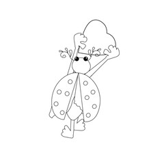 Ladybug holding heart monochrome outline draw coloring page for children, for adult. Cute stock vector illustration for web, for print, for stickers 