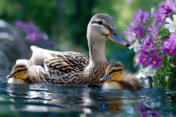 Fototapeta premium Mother duck with ducklings swimming peacefully in a garden pond during spring