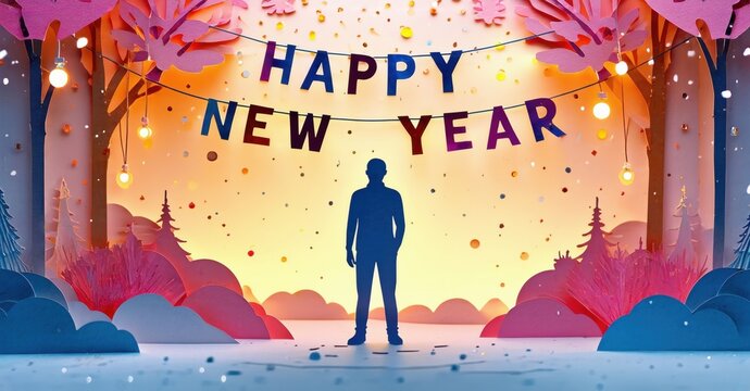 Silhouette stands beneath festive banner. Pink, purple hues dominate papercraft forest scene. Celebratory, hopeful imagery evokes new beginnings.