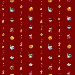 Watercolor Christmas seamless pattern with festive food and drinks, mulled wine, cocoa, cupcakes, gingerbread cookies, candy canes, and oranges. Perfect for wrapping paper, textiles, or holiday decor.