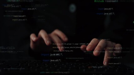 A programmer hands are seen typing on a laptop amidst a blurred background of colorful programming language code. The image captures the essence of modern technology and creativity. Xenic - Powered by Adobe