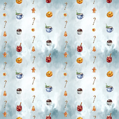 Watercolor Christmas seamless pattern with festive food and drinks, mulled wine, cocoa, cupcakes, gingerbread cookies, candy canes, and oranges. Perfect for wrapping paper, textiles, or holiday decor.