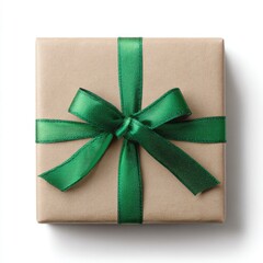 Brown gift box with green ribbon bow, top-down