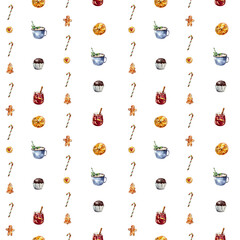Watercolor Christmas seamless pattern with festive food and drinks, mulled wine, cocoa, cupcakes, gingerbread cookies, candy canes, and oranges. Perfect for wrapping paper, textiles, or holiday decor.