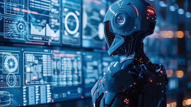 A robot with sleek metallic features is pointing at glowing data displays. The setting is a futuristic control room filled with screens, conveying a sense of advanced technology and innovation