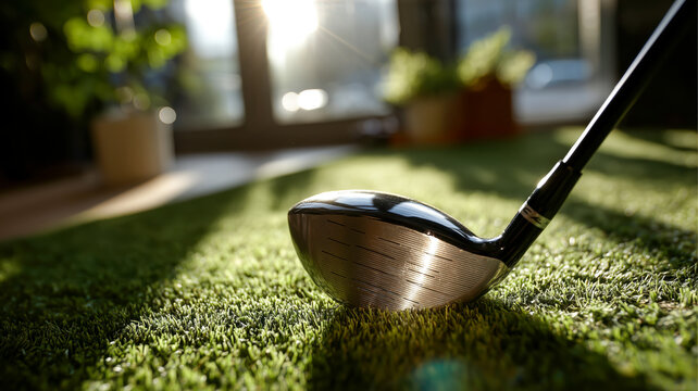 A golf club resting on artificial grass, bathed in sunlight, invites golfers to practice their swing and elevate their game. 