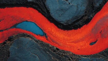 Fiery red river carves through dark, rocky terrain