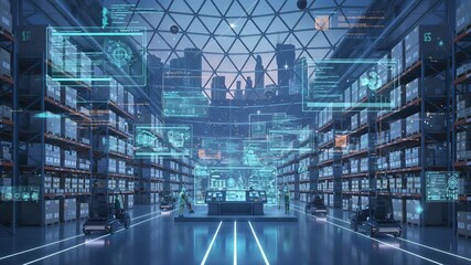High-tech logistics center with staff using augmented reality dashboards to manage inventory. Autonomous forklifts operate in a futuristic warehouse with a city view - Powered by Adobe