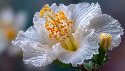 Fototapeta premium White hibiscus, pollen-laden stamen, detail