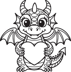 Cute Baby Dragon Holding A Heart Shaped Object Adorable Art line art one line art