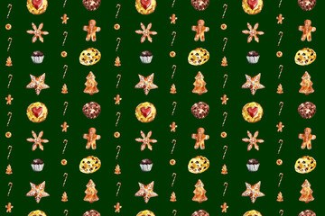 Watercolor Christmas seamless pattern with festive sweets, cupcakes, gingerbread cookies, candy canes, dried oranges, and holiday treats. Perfect for wrapping paper, textile, wallpaper, festive decor.