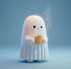 3d cute ghost, holding a coffee cup