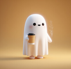 3d cute ghost, holding a coffee cup
