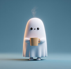 3d cute ghost, holding a coffee cup