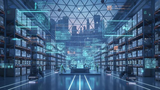 High-tech logistics center with staff using augmented reality dashboards to manage inventory. Autonomous forklifts operate in a futuristic warehouse with a city view - Powered by Adobe