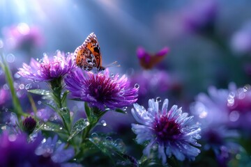 Butterfly resting on purple flowers with dew in a serene garden setting during morning light