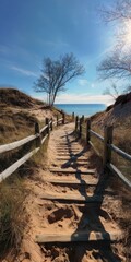 Fototapeta premium Serene Pathway Through Dunes Leads to Lake Michigan at Kohler Andrae State Park, Wisconsin