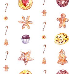 Watercolor Christmas seamless pattern with festive sweets, cupcakes, gingerbread cookies, candy canes, dried oranges, and holiday treats. Perfect for wrapping paper, textile, wallpaper, festive decor.