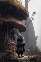 A rabbit with red eyes, dressed in a dark gray cloak and pants, stands on a dark field, holding a coffee cup