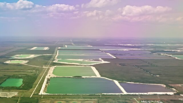 Airplane descending toward Miami with clear aerial view of large water basins and green land blocks below. Miami. USA.