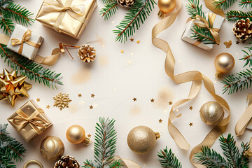 Christmas flat lay background with gift boxes, pine branches, golden decorations, ribbons, soft warm light, top view