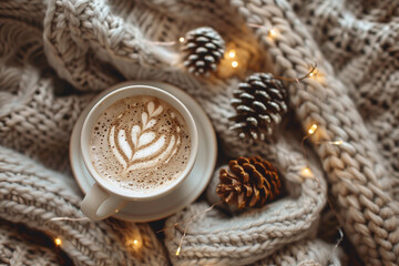 Cozy Christmas background with knitted blanket, cup of cocoa, pine cones and fairy lights, warm tones, soft focus, flat lay, lifestyle aesthetic