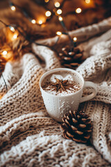 Cozy Christmas background with knitted blanket, cup of cocoa, pine cones and fairy lights, warm tones, soft focus, flat lay, lifestyle aesthetic