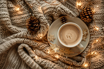 Cozy Christmas background with knitted blanket, cup of cocoa, pine cones and fairy lights, warm tones, soft focus, flat lay, lifestyle aesthetic