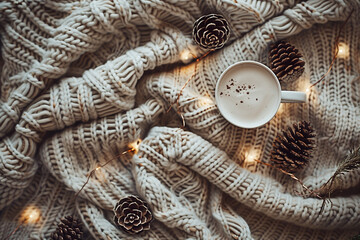 Cozy Christmas background with knitted blanket, cup of cocoa, pine cones and fairy lights, warm tones, soft focus, flat lay, lifestyle aesthetic