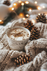Cozy Christmas background with knitted blanket, cup of cocoa, pine cones and fairy lights, warm tones, soft focus, flat lay, lifestyle aesthetic