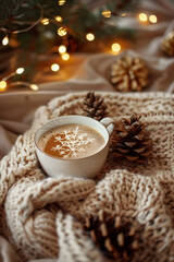 Cozy Christmas background with knitted blanket, cup of cocoa, pine cones and fairy lights, warm tones, soft focus, flat lay, lifestyle aesthetic